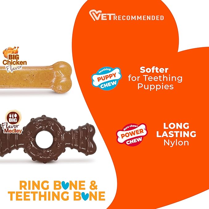 Nylabone Ring Bone Chew Toy for Puppies, Puppy Teething Toys, Puppy Enrichment Toys, Chicken Flavor, X-Small Dogs - Up to 15 lbs, 2 Pack