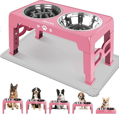 Jovrun Elevated Dog Bowls for Medium Size Dogs with Mat, Non-Slip Dog Feeder with 1*Stainless Steel Dishes & 1*Slow Feeder Bowl, 5 Heights Adjustable Raised Bowls for 3.15″-8.66″-9.84″-11.02″-12.2″