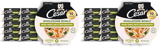 Cesar Wholesome Bowls Adult Wet Dog Food,Chicken,Carrots,Barley & Green Beans Recipe,Wet Food for Dogs,3 Oz. Bowls,10 Count (Pack of 2)