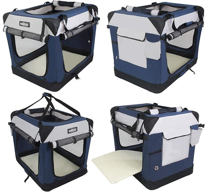 EliteField 4-Door Folding Soft Dog Crate with Curtains, Carrying Bag and Fleece Bed (2 Year Warranty), Indoor & Outdoor Pet Home (42" L x 28" W x 32" H, Navy Blue+Gray)
