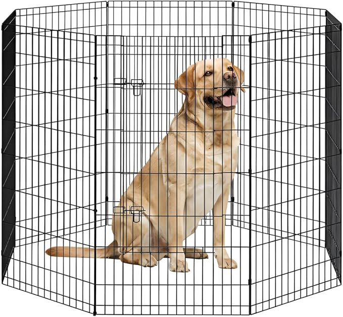 FDW 48 Inch Dog Pen 8 Panel Dog Playpen Indoor Outdoor Metal Puppy Pet Fence Portable Folding Animal Exercise Fence,Black