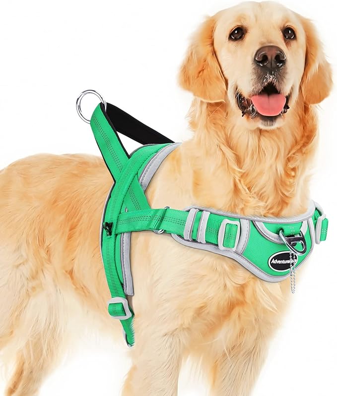 ADVENTUREMORE Dog Harness for Large Dogs No Pull, Sport Dog Halter Harness Reflective Breathable Dog Vest Escape Proof Dog Harness with Easy Control Front Clip Handle for Training Walking XL Green