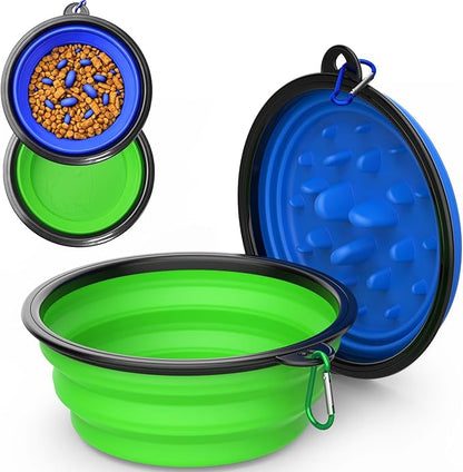 2 Pack [Slow Feeder Design + Regular], Collapsible Dog Bowl Travel Portable Pet Bowls, [34oz,1000ml] Foldable Food Water Feeding Dishes for Traveling Hiking Walking with Carabiners [Blue,Green]