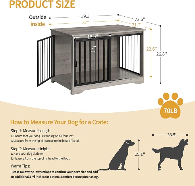 Hzuaneri 39.4" Heavy Duty Dog Crate Furniture with Barn Door, Wood Indoor Dog Crate Kennel for Small/Medium/Large Dogs, End Side Table, TV Stand, Greige Black DFC02305B