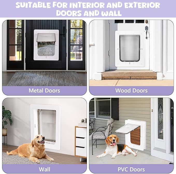 Weatherproof Plastic Dog Door with Secure Locking Panel, Durable White Pet Door 8.5"x11.5" for Large Dogs & Pets, Easy Install for Interior & Exterior Doors, Walls, Screens