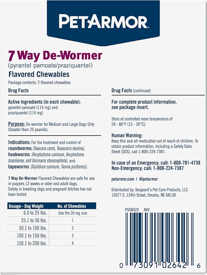 PetArmor 7 Way De-Wormer for Dogs, Oral Treatment for Tapeworm, Roundworm & Hookworm in Large Dogs & Puppies (Over 25 lbs), Worm Remover, Puppy Dewormer (Praziquantel & Pyrantel Pamoate), 2 Chewables