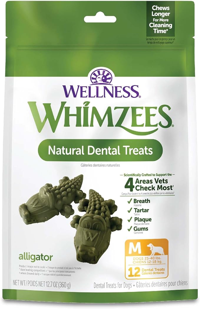 Whimzees Wellness Alligator Dog Dental Treat, Chews, Freshens Breath, Medium Size, 12.7 oz Bag, 12 Count