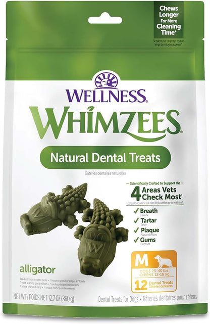 Whimzees Wellness Alligator Dog Dental Treat, Chews, Freshens Breath, Medium Size, 12.7 oz Bag, 12 Count
