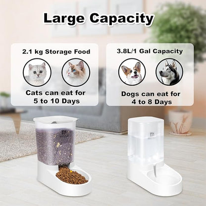 Marchul Dog Feeder, Gravity Cat Feeder and Water Dispenser Set, Automatic Pet Food Bowl and Waterer Large Capacity for Small Medium Pets Puppy Kitten Rabbit (1 Gallon / 3.8L)