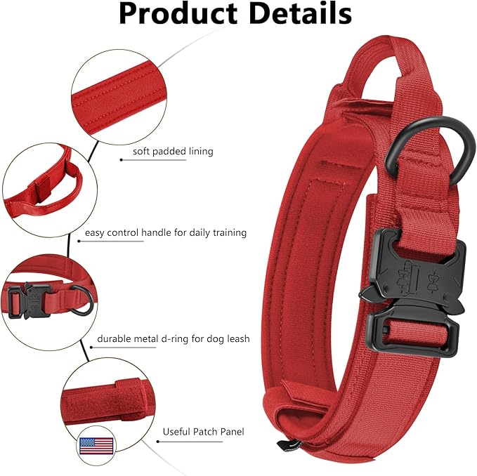 DAGANXI Tactical Dog Collar, Adjustable Military Training Nylon Dog Collar with Control Handle and Heavy Metal Buckle for Medium and Large Dogs, with Patches and Airtags Case (Red-Set, XL)