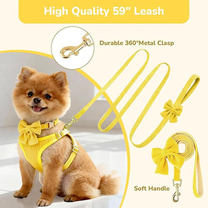 Small Dog Collar Harness and Leash Set, Dog Harness no Pull with Bowtie, Breathable Cotton Adjustable Pet Puppy Harness, Easy Walk Dog Harness, M(16-21")
