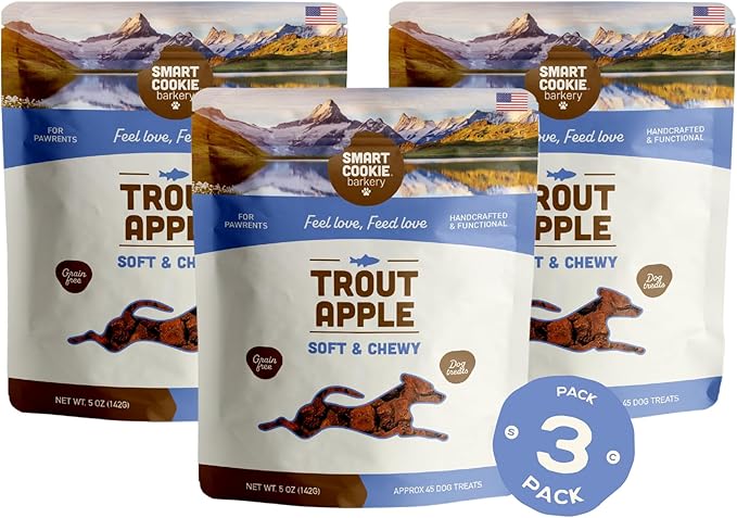 Smart Cookie All Natural Dog Treats - Trout & Apple - Training Treats for Dogs with Allergies, Sensitive Stomachs - Soft Dog Treats, Grain Free, Chewy, Human-Grade, Made in USA - 5oz, Pack of 3