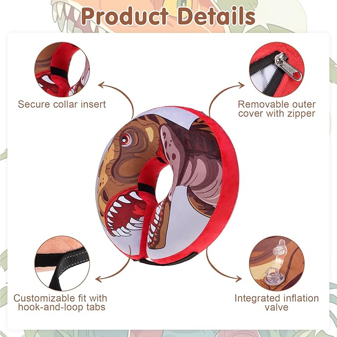 BEAUTYZOO Dog Cone Alternative After Surgery for Large Medium Small Dogs, Soft Inflatable Cone Collar for Dogs Cats, Pet Neck Donut E Collar Dog Recovery Collars to Stop Licking, Dinosaur, L