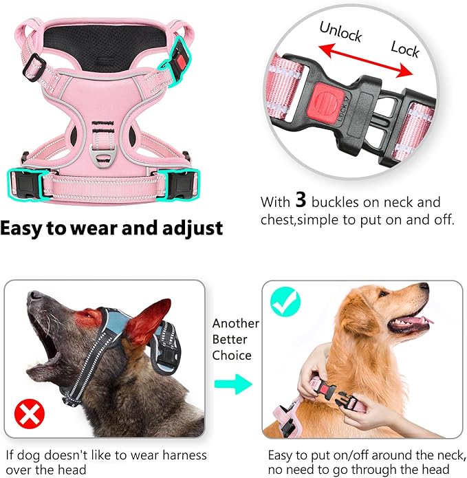 Timos Dog Harness Small Sized, No Pull Pet Harness with Neck Lockable Snap,No Choke Front Clip Dog Reflective Vest,Adjustable Metal Rings 3 Buckles,Easy Control Handle for Small Dogs Pink XS