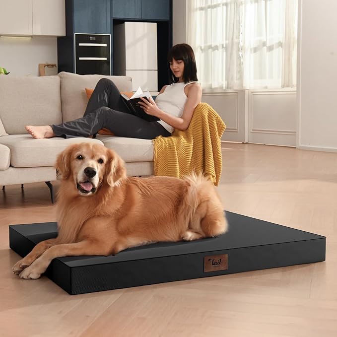 Outdoor Orthopedic Dog Bed for Extra Large Dogs, XL Waterproof Flat Pet Bed 44x32 Inch, Egg Crate Foam with Removable Washable Oxford Cooling Cover, Black