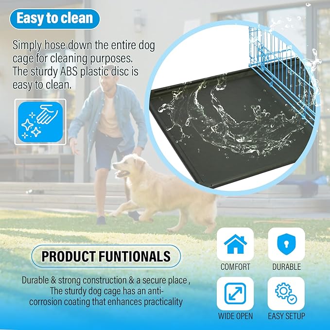 Large Dog Crate Kennel Metal Dog Cage for Medium Large Dogs Double-Door Folding Travel Indoor Outdoor Puppy Playpen with Divider and Handle Plastic Tray,42",Blue