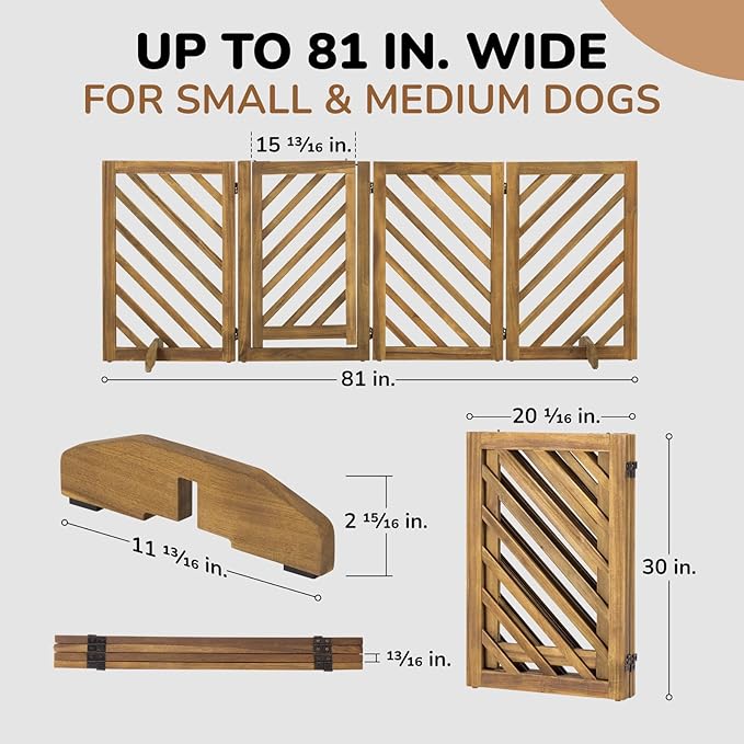dCee Solid Acacia Wood Dog Gate, Freestanding Walk-Through Pet Gate, 81" 4-Panel Foldable Wooden Dog Gates with Door & 2 Support Legs for Doorways, Kitchen, Hall, Stairs, Indoor & Outdoor