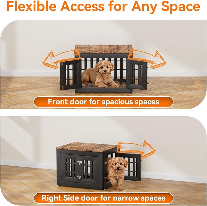 Snuowu 26" Heavy Duty Dog Crate Furniture for Small,Medium and Large Dogs,Rustic Wooden Dog Cage Kennel Indoor Furniture with Waterproof Top,Decorative Pet House Side End Table (Black & Wood)