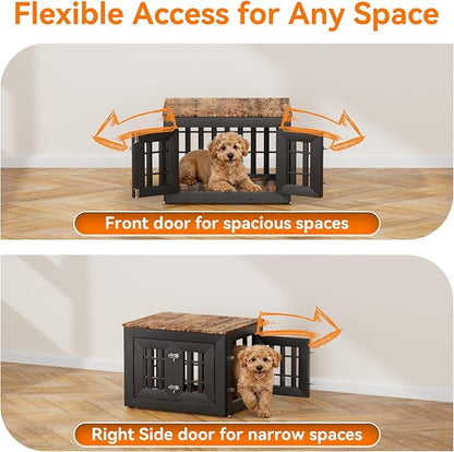Snuowu 26" Heavy Duty Dog Crate Furniture for Small,Medium and Large Dogs,Rustic Wooden Dog Cage Kennel Indoor Furniture with Waterproof Top,Decorative Pet House Side End Table (Black & Wood)