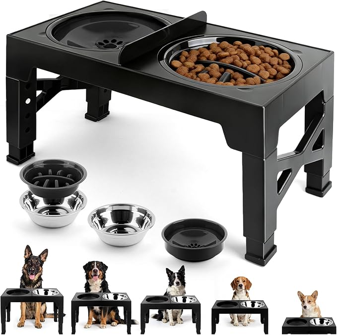MECHEER 4-in-1 Dog Bowl Elevated Stand with Slow Feeder & Spill-Proof Water Bowl, 5-Height Adjustable Raised Dog Bowl for Large, Medium, and Small Dogs, Non-Slip Base Dog Feeding Station