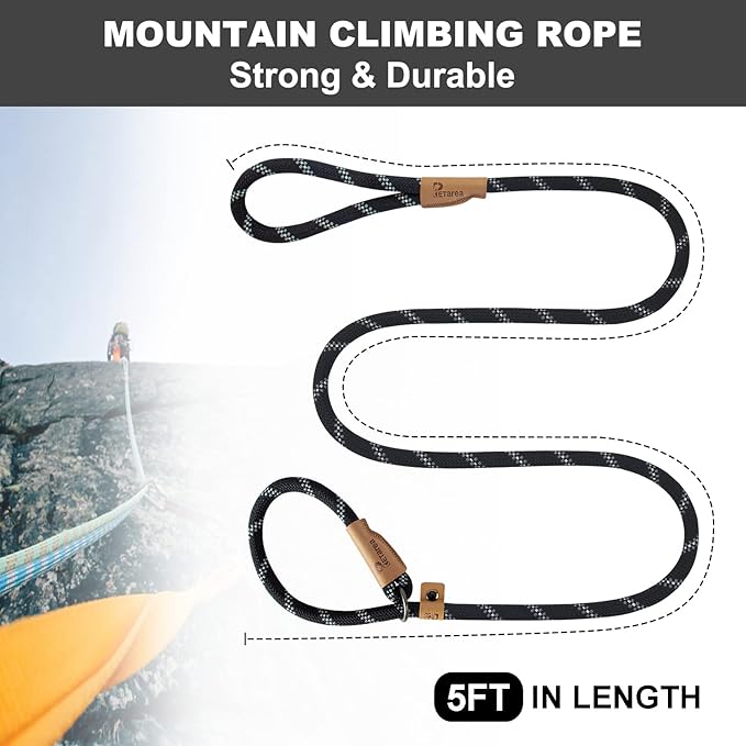 5 FT Slip Lead Dog Leash, Heavy Duty Rope Leash for Small Medium Large Dogs, No Pull Training Lead with Reflective Thread, Strong Comfortable Loop Leash (Black Stripe, Medium(3/8"))