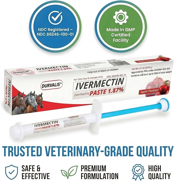 Ivermectin Horse Paste 1.87% Dewormer 6.08g Dose-Effective Appled Flavored Ivermectin Paste for Equine Care,Horse Deworming Paste -for Horses Up to 1250 lb (1 Pack)