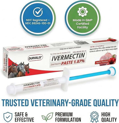 Ivermectin Horse Paste 1.87% Dewormer 6.08g Dose-Effective Appled Flavored Ivermectin Paste for Equine Care,Horse Deworming Paste -for Horses Up to 1250 lb (1 Pack)