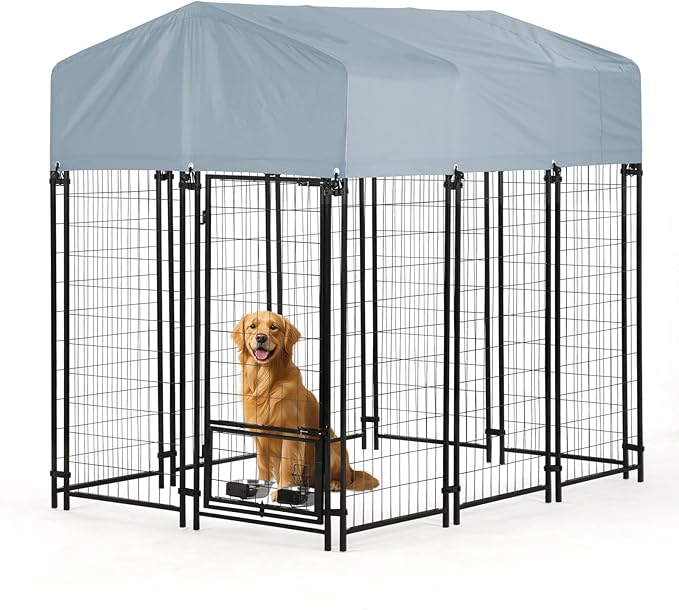 Outdoor Dog Kennel Outside Run with Doggy Door, Swivel Feeder & Roof, 6'x4'x6' Large Dog Kennels Pens Outside for Large Dogs Breed-Heavy Duty Cage Enclosure Yard