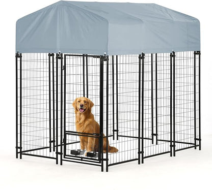 Outdoor Dog Kennel Outside Run with Doggy Door, Swivel Feeder & Roof, 6'x4'x6' Large Dog Kennels Pens Outside for Large Dogs Breed-Heavy Duty Cage Enclosure Yard