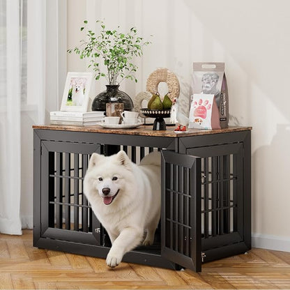 Snuowu 42" Heavy Duty Dog Crate Furniture for Small,Medium and Large Dogs,Rustic Wooden Dog Cage Kennel Indoor Furniture with Waterproof Top,Decorative Pet House Side End Table (Black & Wood)