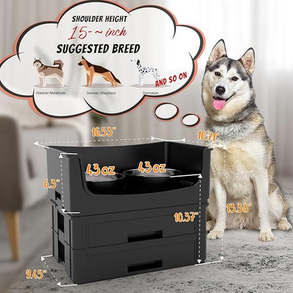 Mess Proof Pet Bowls, No Mess Dog Food and Water Bowl, Pet Feeding Station with 2 Stainless Steel, Spill-Proof Pet Feeder for Medium and Large Dog, Black