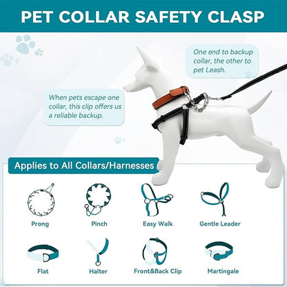 Dog Collar Safety Clip, Chew Proof Prong Collar Double Ended Backup Clasp Stainless Steel, Heavy Duty Dog Chain Leash Connector for Harness, Pinch, Gentle Lead with Carabiner, 10in