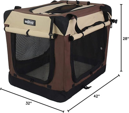 EliteField 4-Door Folding Soft Dog Crate with Curtains, Carrying Bag and Fleece Bed (2 Year Warranty), Indoor & Outdoor Pet Home (42" L x 28" W x 32" H, Brown+Beige)