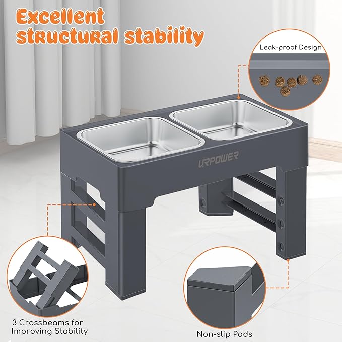 URPOWER Raised Dog Bowls 4 Height Adjustable Elevated Bowl Stand with Stainless Steel Water Bowl Non-Slip Dog Food Bowls Stand for Small Medium Large Dogs and Pets