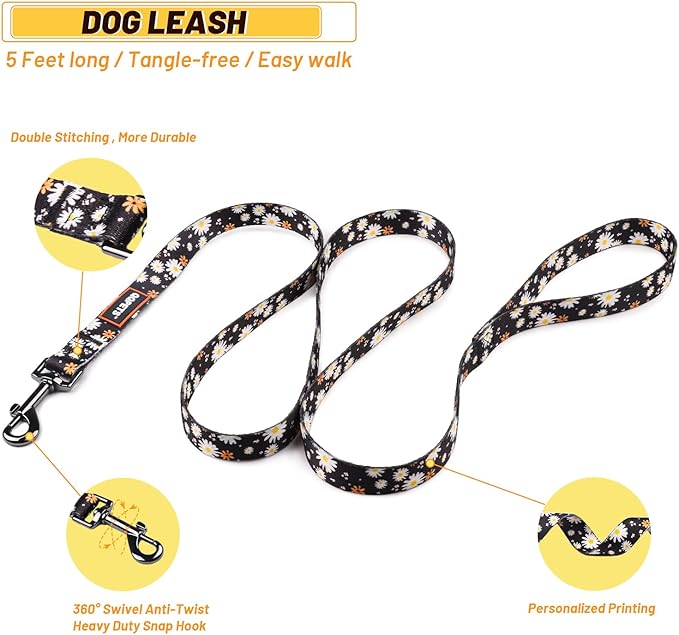 QQPETS Dog Harness Leash Set Adjustable Heavy Duty No Pull Halter Harnesses for Small Medium Large Breed Dogs Back Clip Anti-Twist Perfect for Walking (L(23"-32" Chest Girth), White Daisy)
