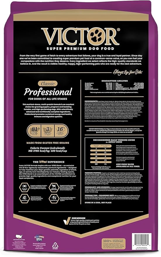 VICTOR Super Premium Dog Food – Professional Dry Dog Food – Super Premium Kibble with 26% Protein – Gluten-Free with Beef, Chicken & Pork Meals – for High Energy and Active Dogs & Puppies, 50lbs