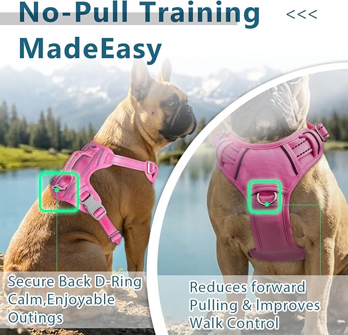 BARKBAY Dog Harness No Pull Oxford with ID Tag Pocket - Heavy Duty, Reflective, Easy Control for Large Dogs(Pink Oxford,L)