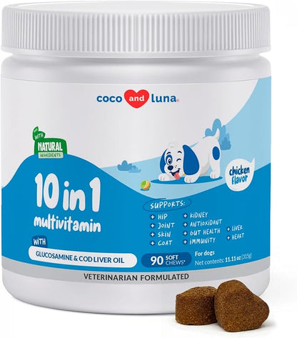 Multivitamin for Dogs - Glucosamine Chondroitin for Joint Support + Digestive Enzymes & Probiotics - Cod Liver Oil & Vitamins with Coq10 for Skin & Heart Health, Gut & Immune Support