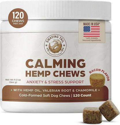 Bacon Calming Bites for Dogs - Separation Anxiety Relief & Stress Support - Hemp Calming Treats for Dogs - No Melatonin - 120 Bacon Flavor Soft Chews