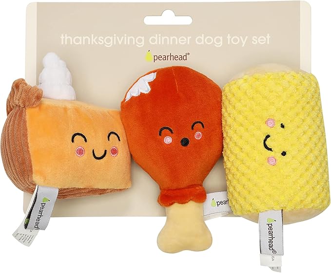 Pearhead Pet Thanksgiving Dinner Dog Toys - Slice of Pumpkin Pie, Turkey Leg, and Corn Cob Plush with Squeakers, Set of 3