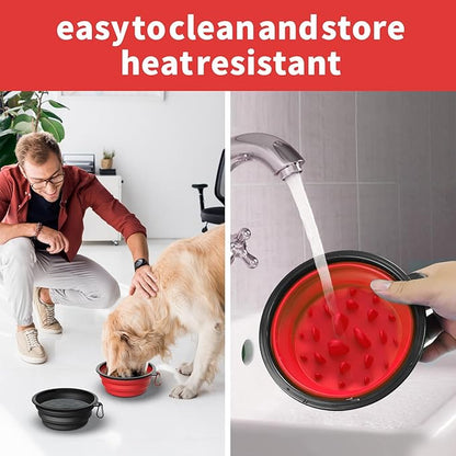 2 Pack [Slow Feeder Design + Regular], Collapsible Dog Bowl Travel Portable Pet Bowls, [34oz,1000ml] Foldable Food Water Feeding Dishes for Traveling Hiking Walking with Carabiners [Blue,Red]