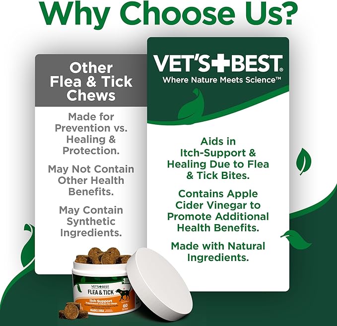 Vet's Best Natural Flea & Tick Soft Chews for Dogs – Natural Supplement for Dog Flea and Tick Prevention – Veterinarian-Formulated Itch Relief and Immune Support – Made in USA – 60 Chews