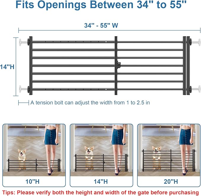 Malier Indoor Dog Gate with Door, 34-55" Extra Wide Full Metal Pet Gate Short Dog Gate for Stairs, Pressure Mount 14'' Tall Small Puppy Low Gate Easy Step Over for Doorways