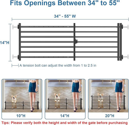Malier Indoor Dog Gate with Door, 34-55" Extra Wide Full Metal Pet Gate Short Dog Gate for Stairs, Pressure Mount 14'' Tall Small Puppy Low Gate Easy Step Over for Doorways