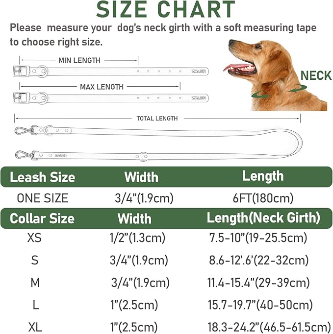 ZALER Dog Collar and Leash Set, Waterproof Adjustable Odor Proof Pet Collars Leashes Easy to Clean, 6FT Dog Leash with 2 Hooks for Large, Medium Small Dogs (L, Green)