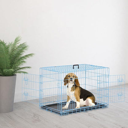 36 inch Dog Crates for Medium Dogs Folding Metal Wire Dog Cage Kennel, Indoor Outdoor Dog Crate Kennels with Handle&Proof Tray Portable Pet Kennel Blue