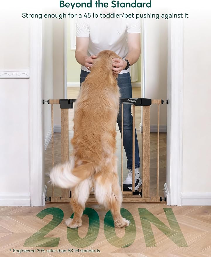 Mom's Choice Award Winner, Babelio 26-40" Metal Baby Gate with Wood Pattern, PressGuard C5 Easy Install Pressure Mounted Dog Gate for Stairs and Doorways, with Wall Protectors and Extension Kits
