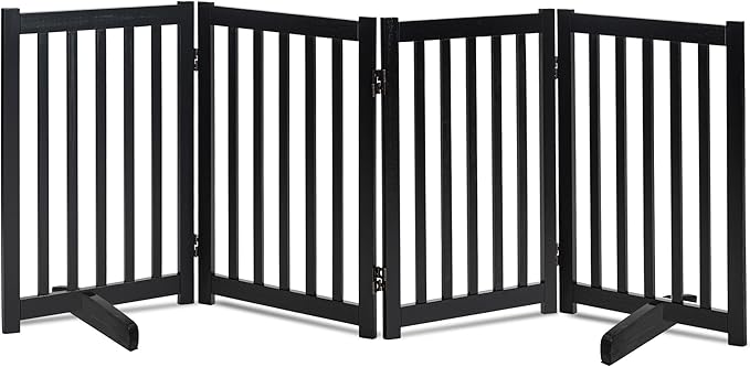 LZRS Freestanding Extra Wide Dog Gate 30 inch Tall - 4 Panels Solid Wooden Pet Gate for Doorways, Stairs, Hallways,Kitchens& Long Areas, Expandable & Foldable with Support Feet,Indoor Use,Black