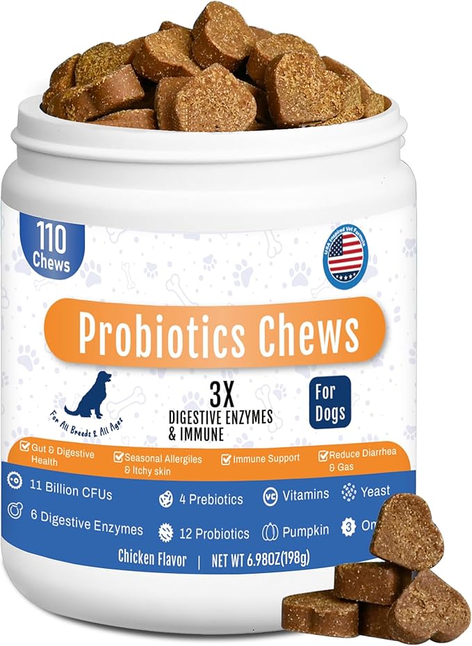 Probiotics for Dogs Dog Probiotic Chews for Yeast Gut Digestive & Immune Health, Itch Relief Ears Skin & Coat with 11Billion CFU Probiotics, 6 Enzymes& 4 Prebiotics, Pumpkin, Omegas & Vitamins,110ct