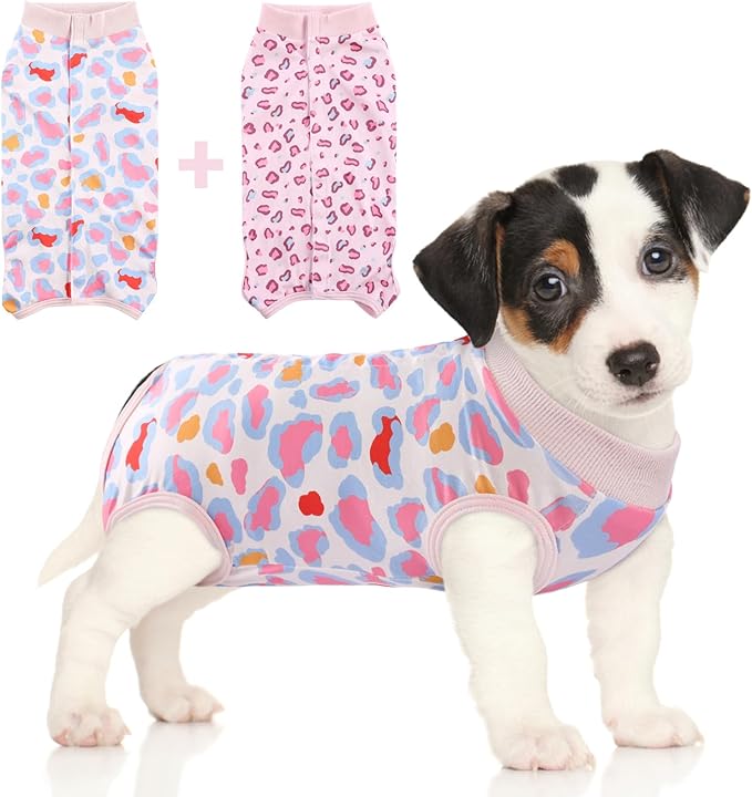 SAWMONG Dog Surgery Recovery Suit, 2 Pack Leopard, Pink, Breathable Polyester, Small, Alternative to Cone-E-Collar